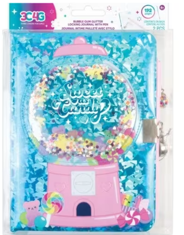 BUBBLE GUM GLITTER LOCKING JOURNAL WITH PEN (KINA)
